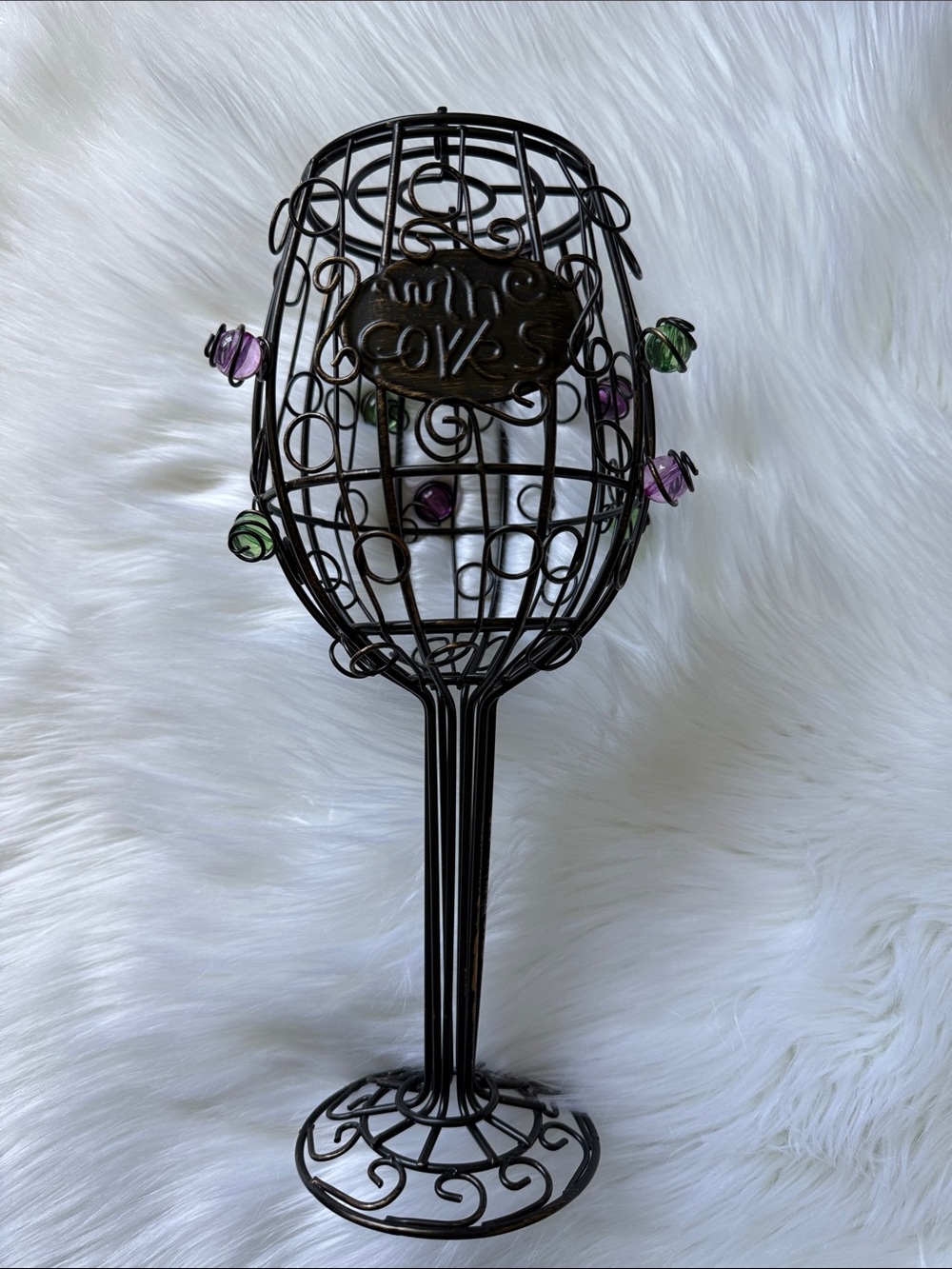 Decorative Wire Wine Glass Sculpture with Purple & Green Beads
Wine corks holder